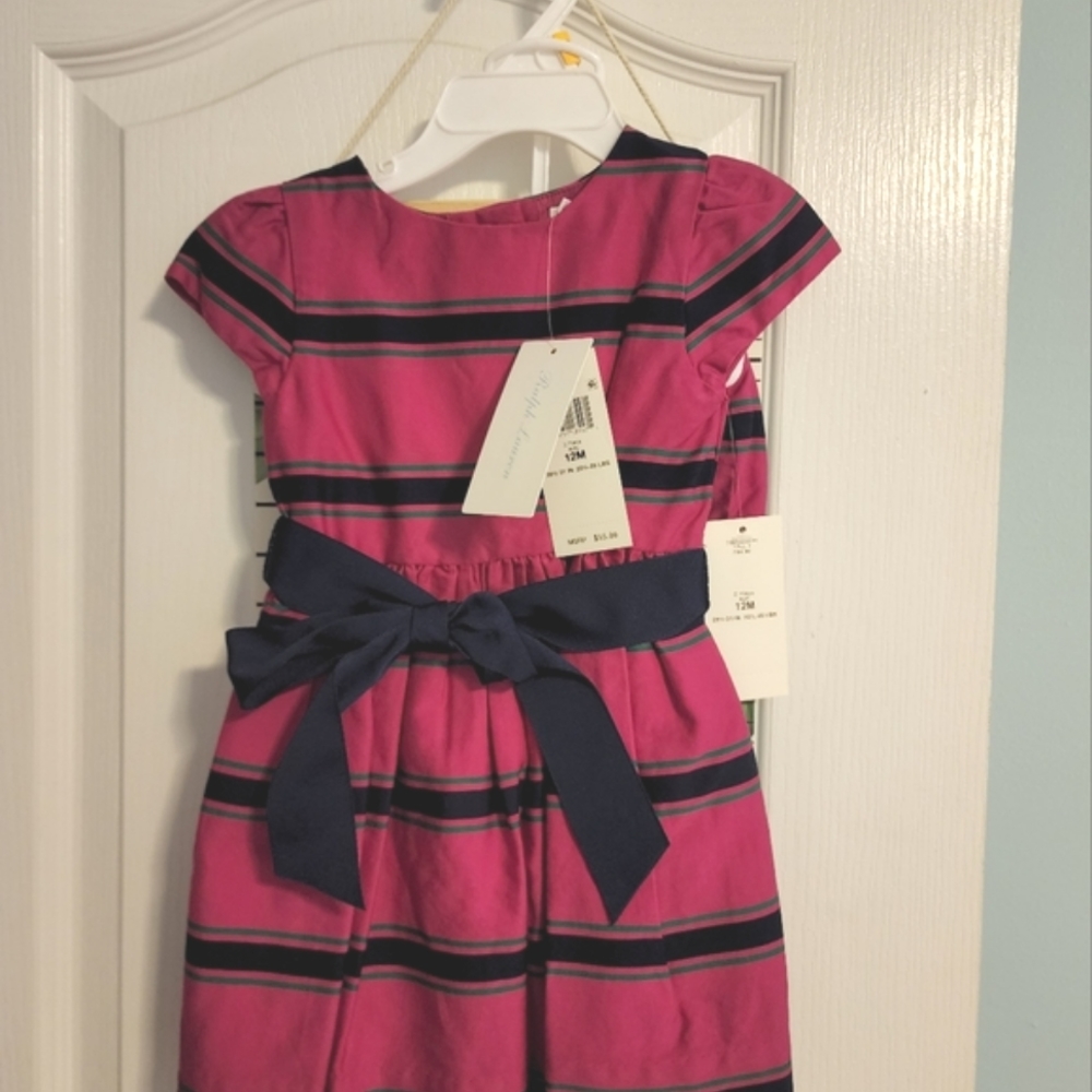 Baby Ralph Lauren dress with bloomers. Fuschia, Navy, and Green stripes. Sz 12M.